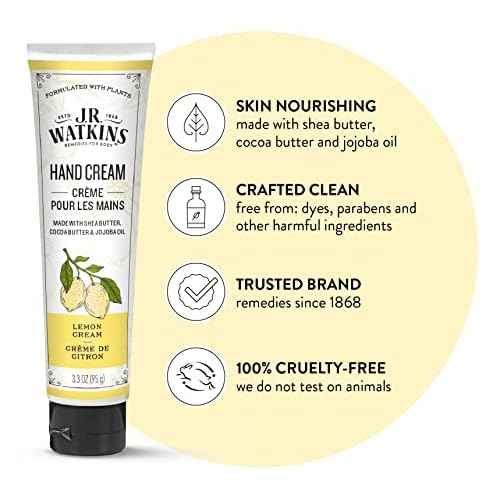 J.R. Watkins Natural Moisturizing Hand Cream, Hydrating Hand Moisturizer with Shea Butter, Cocoa Butter, and Avocado Oil, USA Made and Cruelty Free, 3.3oz, Lemon Cream, Single