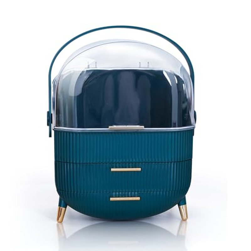 Makeup Cosmetic Organizer Box with Drawer Storage - Plastic Oval Storage Organizer with Turn Lock, Large Capacity for Women¡¯s Skincare and Beauty Products (Green)