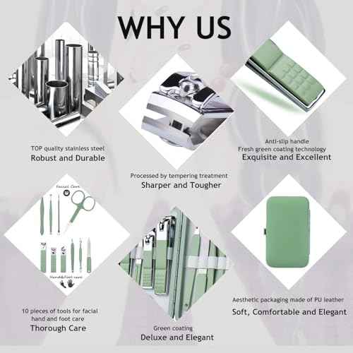 Manicure Set 10 in 1 Stainless Steel, Nail Clippers Scissors Pedicure Tools Kit - Portable Travel Grooming Kit for Men and Women with Leather Case (Jade Green)