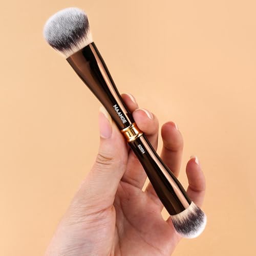 MAANGE Makeup Brush Set with Mirror Double-ended Kabuki Makeup Brushes For Foundation Contour Liquid Powder Concealer Eye Shadows Cream Cosmetics Blending Blush Makeup Tools (Coffee Brown, 8 PCS)