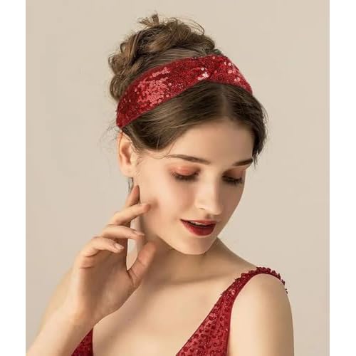 Huachi Top Knot Headbands for Women Girls Halloween Sparkly Sequin Knotted Head Bands for Women¡¯s Hair Accessories Holiday Black Red Festival Hairbands Turban Christmas Gifts
