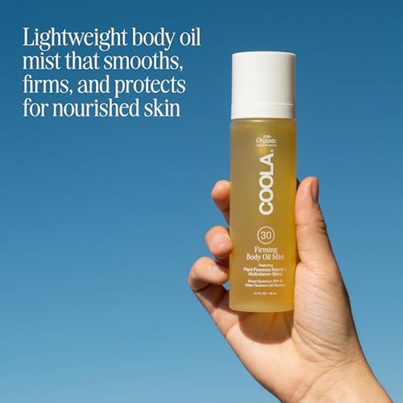 COOLA Firming Body Oil Mist SPF 30, Organic Lightweight Hydrating Sunscreen Mist with Bakuchiol, Vitamins C, D, E, Sea Buckthorn & Moringa Oils, Firms & Smooths Skin, 3.4 Oz