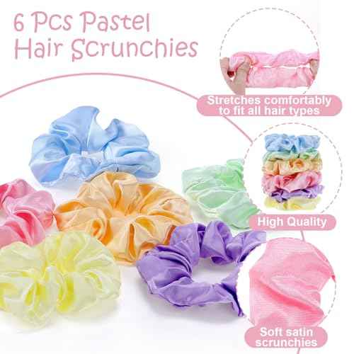 12 Pcs Mini Hair Brush with Mirror and Scrunchies Portable Travel Hairbrush Compact Folding Brush Pastel Satin Hair Scrunchies for Girls Women Girls Trip Favors Gifts