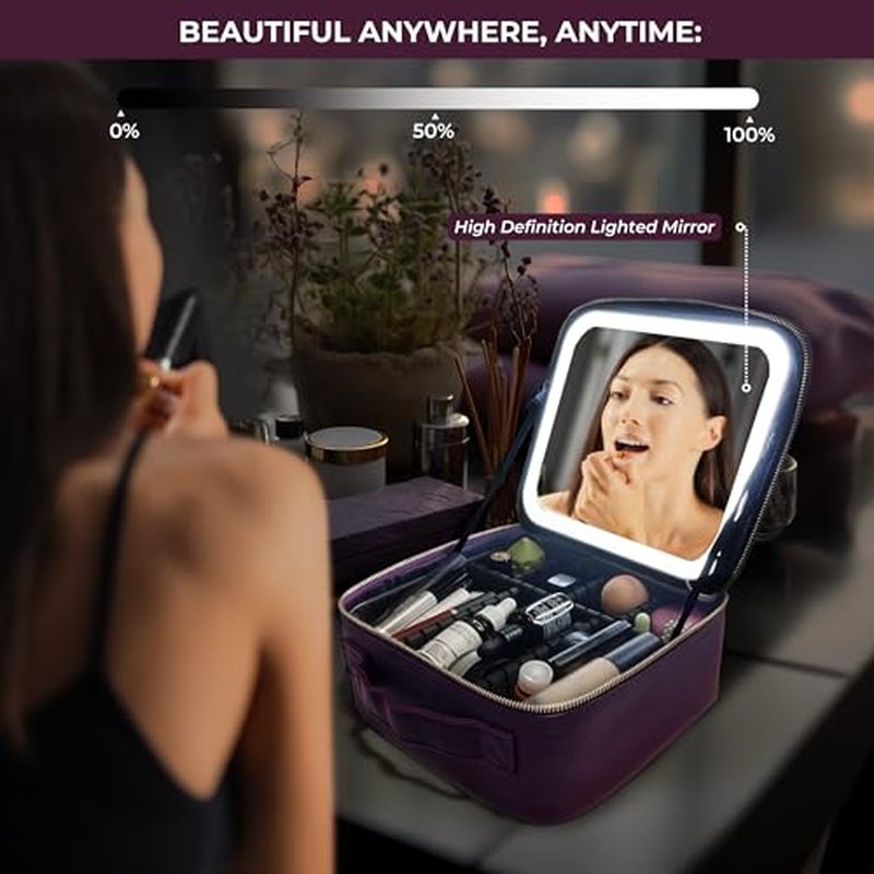 ZEVGANI Travel Makeup Bag with LED Mirror, Rechargeable Lighted Makeup Case with Adjustable Brightness & Dividers, Portable Makeup Box Organizer Vanity Case for Toiletries & Brushes, Plum Purple