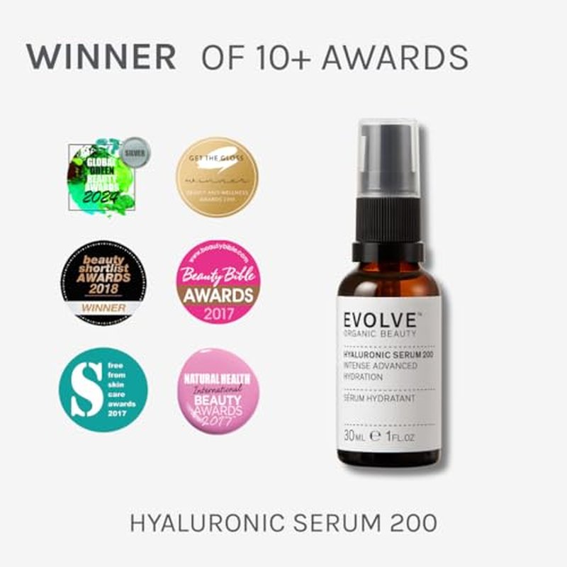 Evolve Organic Beauty - Natural Hyaluronic Acid 200 Serum | Weightless, Oil-Free, Hydrates, Plumps | Pomegranate Extract, Rosewater | Small-Batch, Vegan Clean Beauty (1 fl oz | 30 mL) Package May Vary