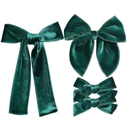 4 Pcs Velvet Hair Bows Set, Hand-made Velvet Bows Hair Clips for Little Teen Toddler Girls Kids(Dark Green)