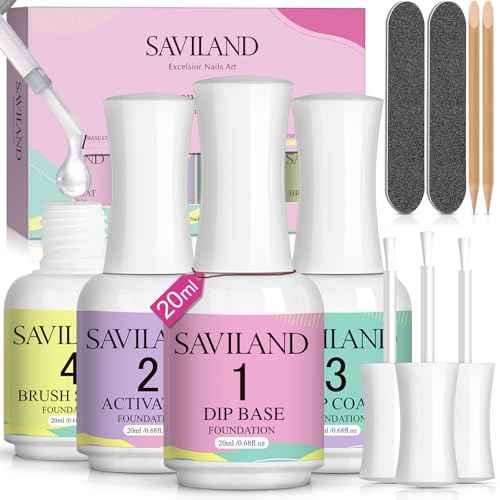 SAVILAND Dip Powder Liquid Set: 20 ml Ultimate Nail Dip System Essentials Liquid Large Capacity Dipping Base Activator Top Coat Brush Saver No Curing Needed for DIY Home Manicure