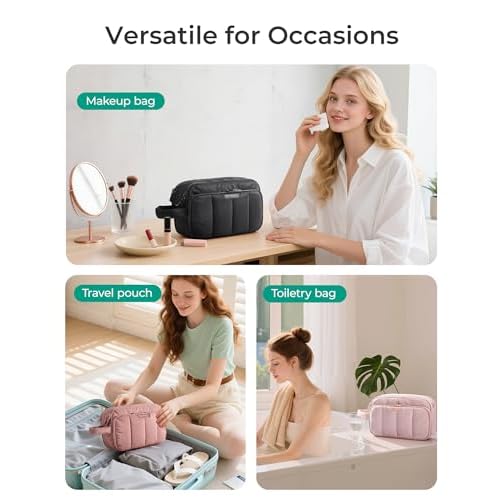 Travel Toiletry Bag for Women, Wide-open Makeup Bag Organizer, Puffy Make Up Case, Large Capacity Cosmetic Organizer for Women for Travel Essentials Toiletries Accessories (Nude Pink)