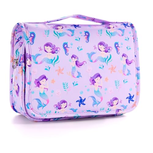 Kids Hanging Toiletry Bag for Girls, Travel Toiletry Bag for Little Young Girls Cosmetic Makeup Waterproof Wash Bag Toddler Traveling Toiletries, Mermaid Purple