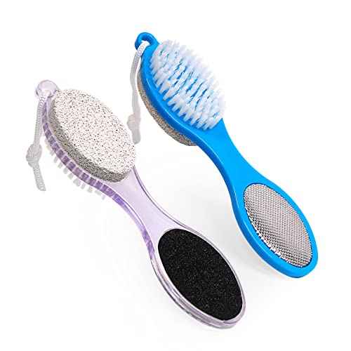 Pumice Stone Brush for Feet - 2 Pack Foot Brush Scrubber 4 in 1 Foot File Pedicure Paddle Kit for Foot Care (Lilac and Blue)