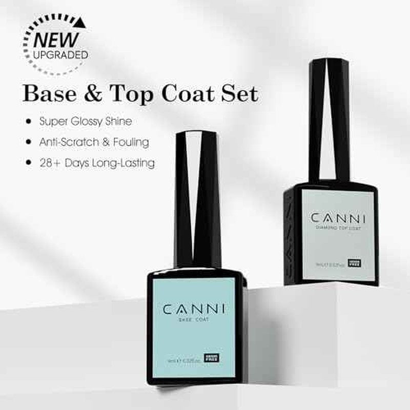 CANNI 2 Pcs No Wipe Gel Top Coat and Base Coat Set- High Gloss Shiny Long Lasting Base Top Coat Gel Nail Polish, Soak Off Nail Art Home and Professional Manicure
