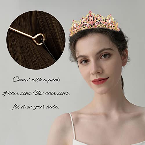Pink Tiara for Women Gold Crown for Girls Wedding Princess Birthday Crystal Rhinestones Headbands for Prom Bridal Party Halloween Costume Christmas Gift