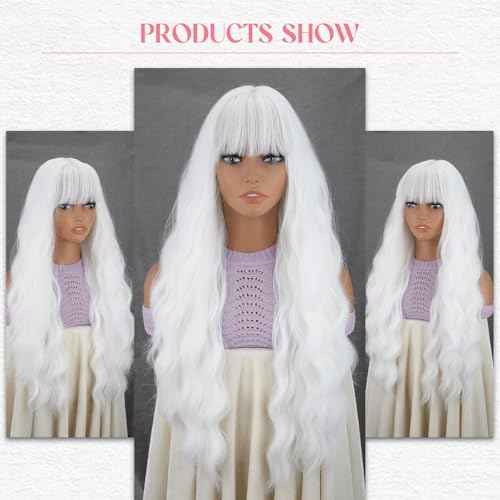 MERISIHAIR Long White Wavy Wig with Bangs 26 Inches Natural Looking Synthetic Heat Resistant Hair Wigs for Women Daily Party Cosplay Wigs