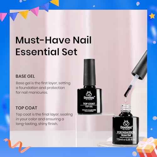 Beetles 2Pcs No Wipe Gel Top Coat and Base Coat Set, High Gloss Clear Long Lasting Base and Top Coat, Soak Off Nail Art DIY at Home