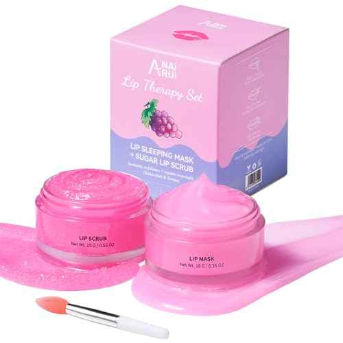 ANAI RUI Lip Therapy Set - Scrub & Mask, Overnight Hydrating Moisturizer With Exfoliator and Sleeping Mask for Plumping - Gift Kit for Dry, Chapped, Dark Lips, Grape