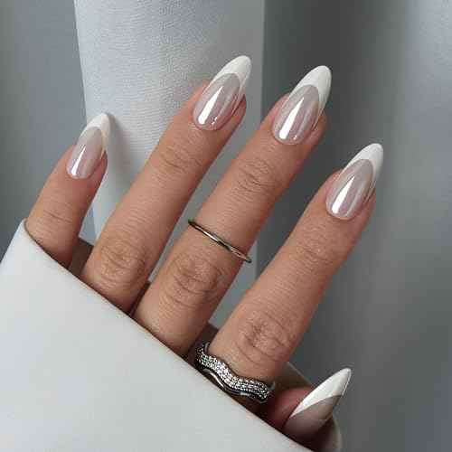 BTArtbox Press On Nails Almond - White French Tip Soft Gel Nails, Chrome Glue On Nails for Gifts, Natural Reusable Glazed Stick On Nails in 15 Sizes - 30 Fake Nails Kit, White Swan