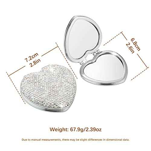 AsAlways Rhinestone Compact Pocket Mirror Portable Travel Cute Cosmetic Mirror Folding Handheld Double-Sided 1x/2x Magnifying Purse Mirror (Silver)