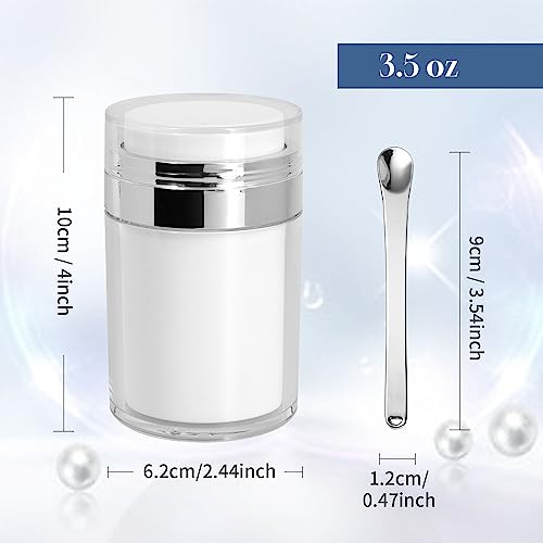 2Pack Airless Pump Jars with Cosmetic Spatula, 3.5 oz Empty Refillable Cosmetic Air Pump Jars Bottles Airless Lotion Cream Dispenser Portable Travel Makeup Containers (Silver)