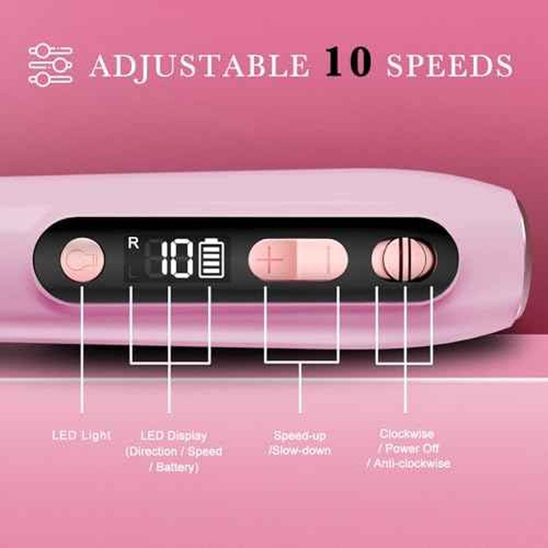 ENGERWALL Professional Manicure Pedicure Kit, Electric Nail File Set, Portable Cordless Electric Nail Drill Machine, 10 Speeds Nail Care Tool for Grind Trim Polish, Pink