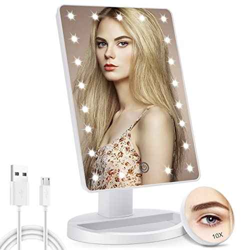 COSMIRROR Lighted Makeup Vanity Mirror with 10X Magnifying Mirror, 21 LED Lighted Mirror with Touch Sensor Dimming, 180¡ÆAdjustable Rotation, Dual Power Supply, Portable Cosmetic Mirror (White)