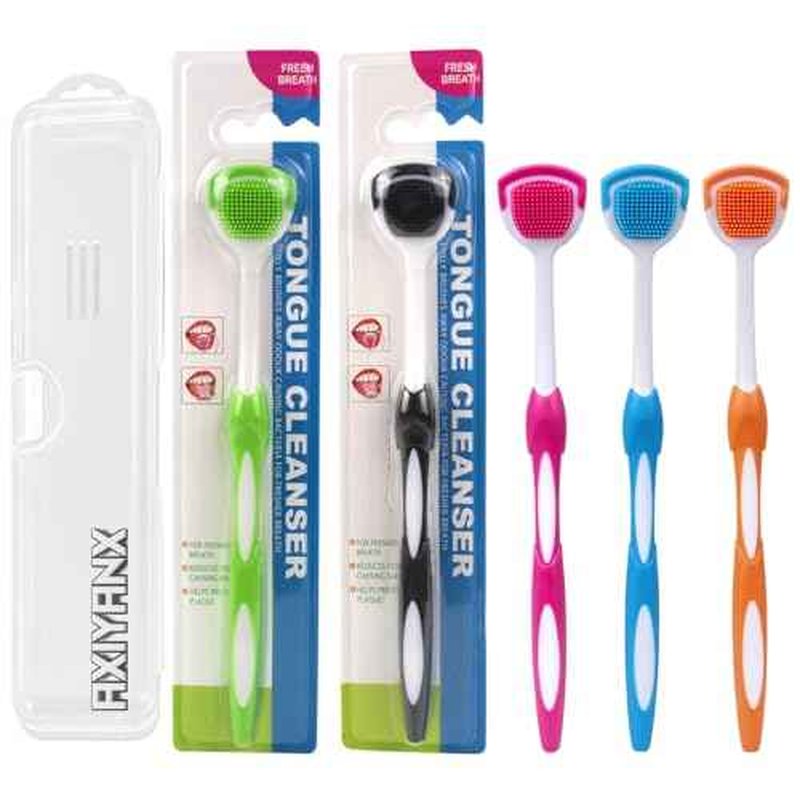 e Scraper and Brush for Adults, 5-Pack with Travel Case, Micro Bristle Tongue Cleaner (5 Colors)