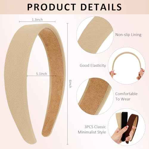 CURASA Headbands For Women Girls 3PCS Non Slip Satin Headbands Trendy Black White Head Bands Brown Neutral Hair Elastics Comfortable Wide Head Bands Stretchy Hairbands Plain Solid Hair Accessories