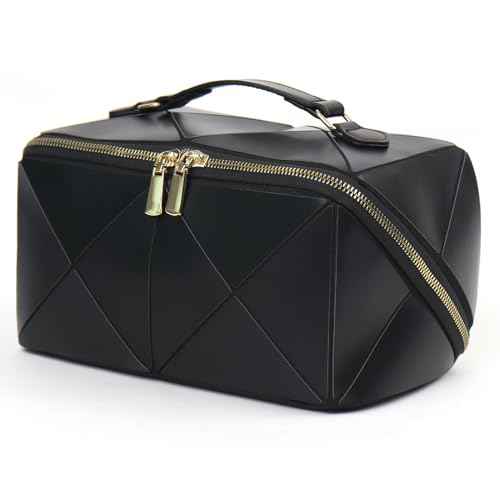 IMCUZUR Travel Makeup Bag Large Cosmetic Bag for Women, Open Flat Make up Bag Portable Skincare Bag with Handle (Black)