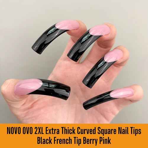 NOVO OVO Halloween Black XXL Curved Square French Tip Nail Tips Press on BERRY PINK, Full Cover Extra Thick Long XL Acrylic Hawk Curve Fake Extension Kit, Need Top Coat for Salon DIY 12 Sizes 144 pcs