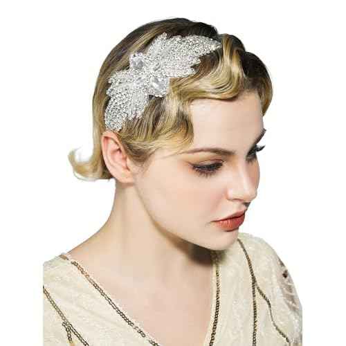 SWEETV 1920s Flapper Headpiece for Women, Rhienstone Roaring 20's Headband Great Gatsby Flapper Hair Accessory for Women,Silver