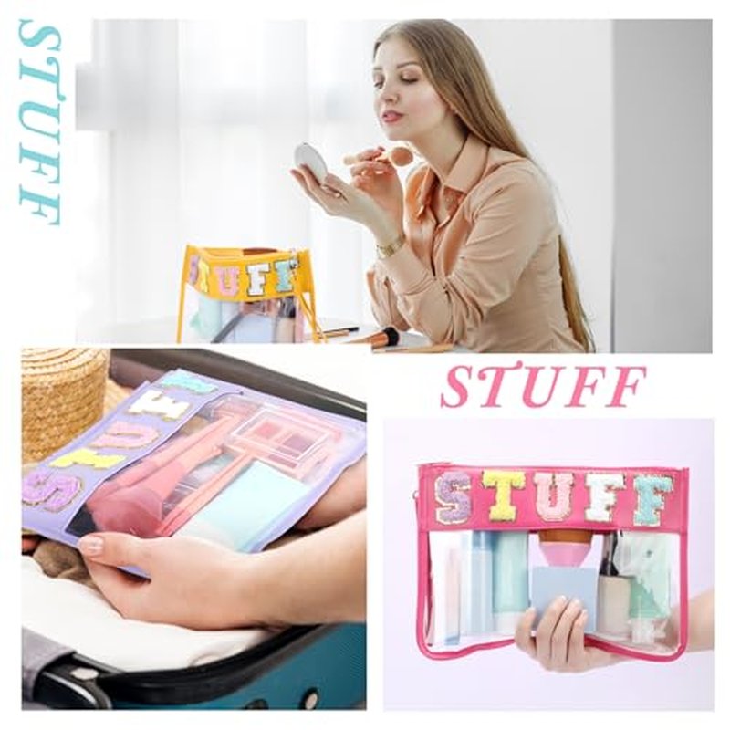 Nuanchu 9 Pcs Clear Chenille Letter Bag Stuff Pouch PVC Waterproof Preppy Cosmetic Makeup Bag Snack Travel Beach Pouch with Wrist Let for Teen Women Gifts Operation Christmas Thanksgiving Gifts Items