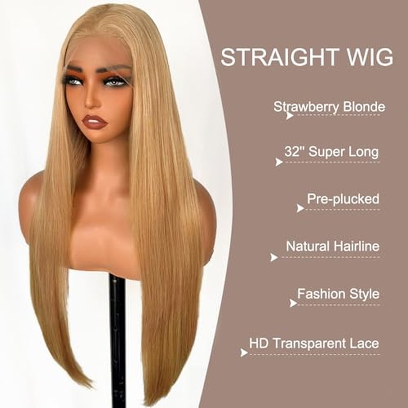 SOKU 13x6 Strawberry Honey Blonde Lace Front Wigs,32 Inch Long Straight Synthetic Hair with Pre Plucked Hairline,Free Part Silky Straight Glueless Lace Frontal Wig for Women Beginner Friendly