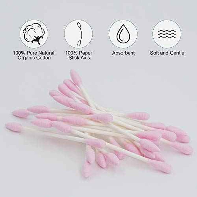 Pink Cotton Swabs Precision Pointed - 200 Count Pointy Organic Cotton Double Side Tightly Wrapped Cotton Tips Paper Stick Soft Gentle Lint-Free Cruelty-Free, Pointy & Round (Pink)