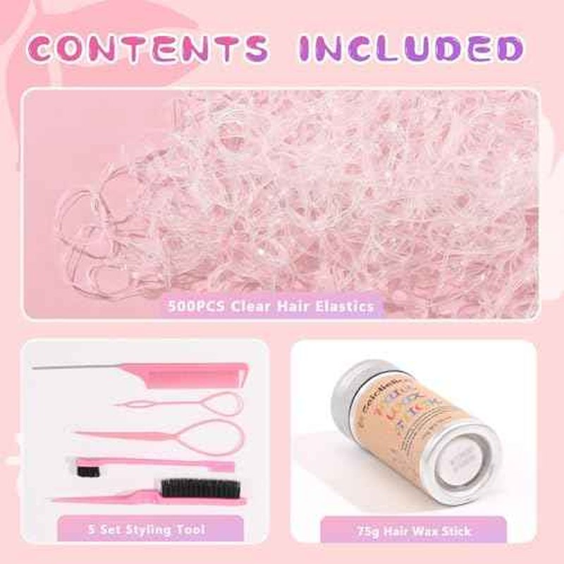 Hair Wax Stick Accessories, 500 PCS Clear Hair Elastics for Kids Women, 3 Pcs Hair Brush for Girls, 2 Hair Loop Styling Tools