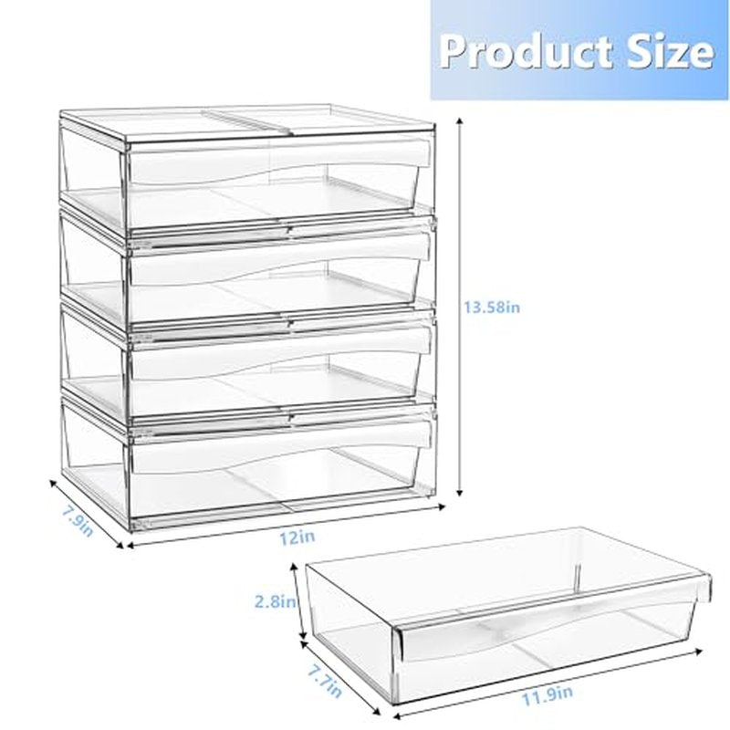 Homeanda 4 Pack Clear Stackable Storage Drawers, 12.1''W Acrylic Plastic Organizers for Makeup, Nail Polish, Snacks, Beauty Supplies, Ideal for Vanity, Bathroom, Undersink, Cabinet, Desk Organization