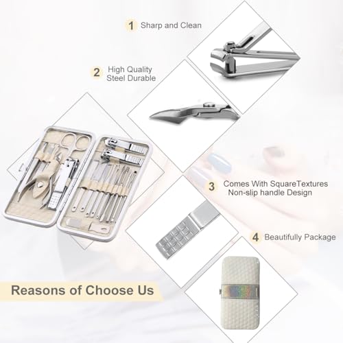 Yougai Nail Clippers set for Men and Womens Gift Manicure Set 18 Pieces Stainless Steel Manicure Kit,Nail Care Tools with Luxurious Travel Case