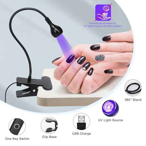 UV Nail Lamp - UV Light for Gel Nails, LED Gooseneck Flash Cure Lamp for Nails, Manicure Dryer Black Light with Clamp, 365+395nm Wavelength 5V 3W 4 Levels Dimming