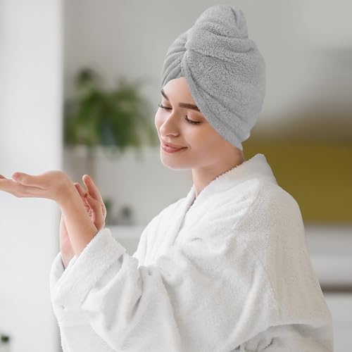 2 Pack Microfiber Hair Towel Wrap for Women Super Absorbent Quick Dry Hair Turban for Drying Curly, Long & Thick Hair 10 inch X 26 inch Lightgrey+Lightgrey