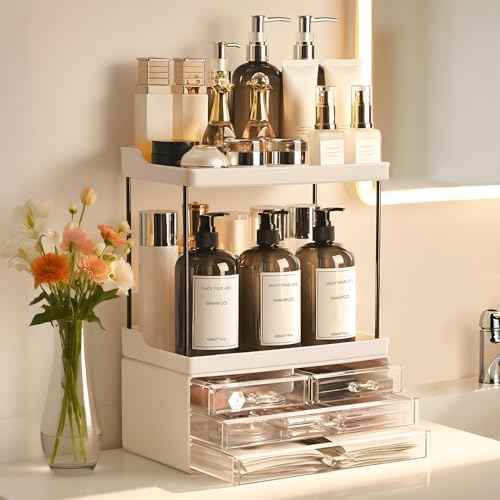 Bathroom Organizers and Storage, 5-Tier 4-Drawer Makeup Organizer Countertop, Multi-Purpose Large Makeup Vanity Organizer, Hair Product, Perfume & Skincare Storage, White