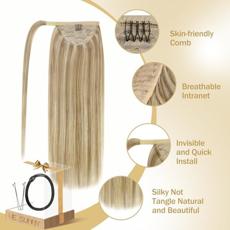 Ve Sunny Ponytail Extension Real Human Hair for Women Clip in Ponytail Hair Extension Straight Hair Pieces Wrap Around Dark Ash Blonde Highlights Golden Blonde 14inch 80G