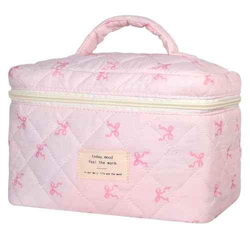 Large Makeup Bag, Cute Cosmetic Bags for Women Girls, Quilted Floral Toiletry Bag, Travel Make Up Organizer Bag