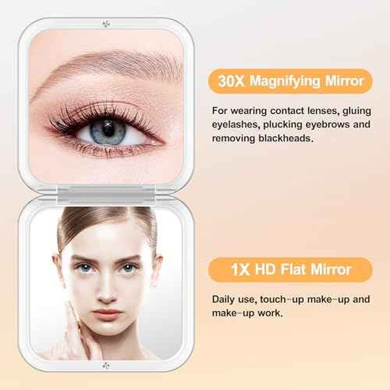 MIYADIVA Compact Mirror, 30X Magnifying Mirror, Pocket Mirror for Purse, Travel Makeup Mirror with 30X/1X Magnification, Travel Essentials Mirrors, Precision Tweezers, Present for Girls