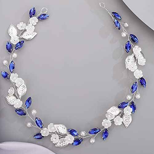 Flower Leaf Crystal Wedding Hair Vine for Bride Bridesmaid Pearls Crystal Hair Accessories for Women and Girls Blue