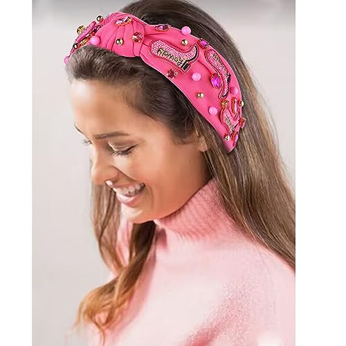 Western Cowgirl Headband Accessories for Women Beaded Cowboy Boot Embellished Headband Rhinestone Crystal Pearl Top Knot Hairband Rodeo Nashville Bachelorette Party Country Concert Outfit (Hot Pink)