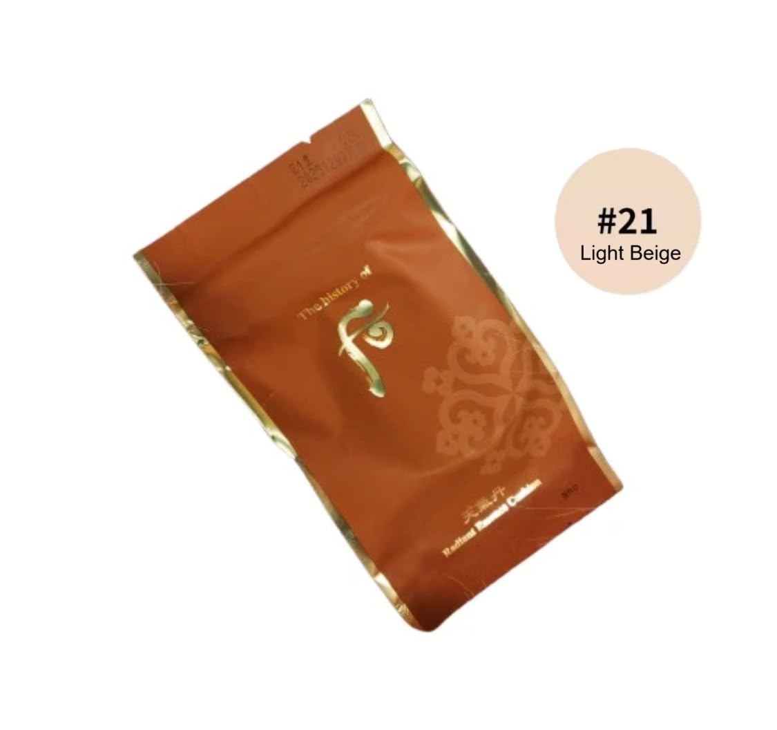 THE WHOO Radiant Essence Cushion Special Set (Main 15g + Refill 15g + Brush + Pouch) No.21 Light Beige, Intensively Hydrating for Moisturizing & Soothing skin. Made in Korea
