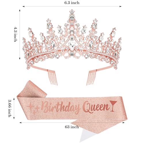 CURASA Rose Gold Birthday Sash and Crown - Crystal Tiaras for Women & Girls - Princess Crowns for Party Gifts