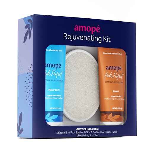 Amop? Rejuvenating Kit - Contains Exfoliating Sugar Foot Scrubs with Epsom Salt, Coffee and a Nourishing Blend of Moisturizers to Rejuvenate, Smooth, Soothe & Relax your Feet, with Foot & Leg Scrubber