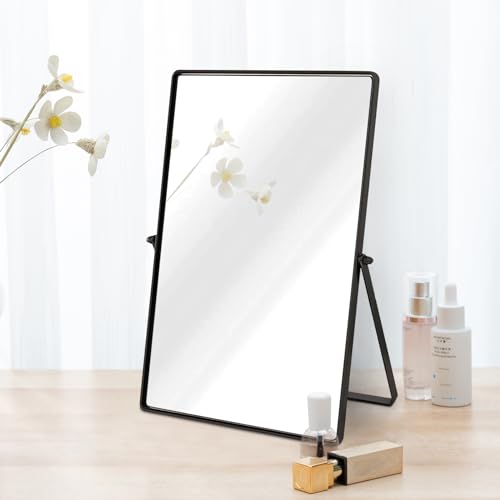 Desktop Makeup Mirror with Black Metal Standing 90¡Æ Rotation Vanity Table Mirror Portable Cosmetic Mirror for Dressing Room Bedroom Bathroom Rectangle