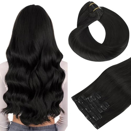 HOTBANANA Human Hair Clip in Hair Extensions, Natural Black 120g Clip in Hair Extensions Real Human Hair Straight Remy Hair 20 Inch 7pcs