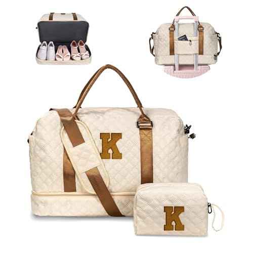 Initial Duffle Bag with Shoe Compartment, Personalized Weekender Bag, Monogram Overnight Bag for Women with Trolley Sleeve & Wet Pocket, Letter Travel Bag with Makeup Bag (Letter K)