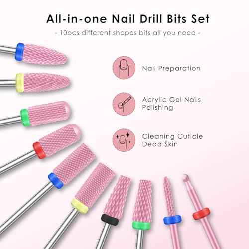 Depvko 10PCS Ceramic Nail Drill Bits, Professional 3/32 inch Electric Manicure Pedicure Drill Bits Nail Tech Set for Acrylic Gel Nails, Efile Cuticle Remover Safety Bit for Nail Drill File, Pink